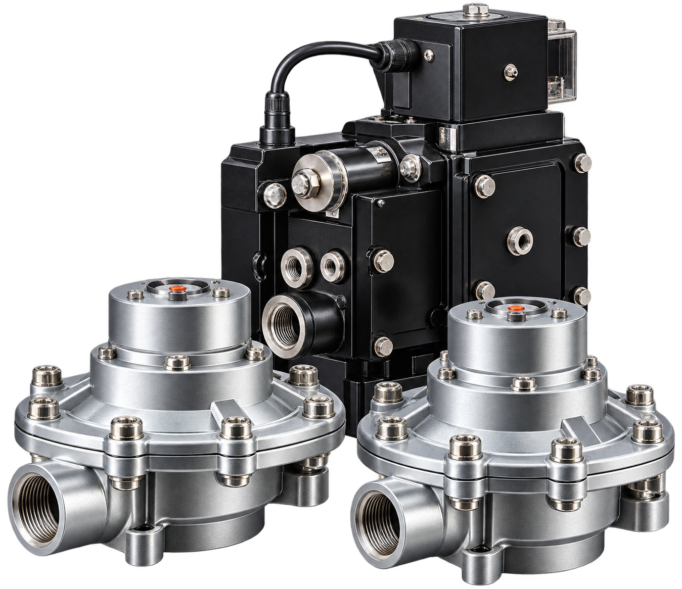 Pulse jet cleaning system components and pneumatic valve assembly